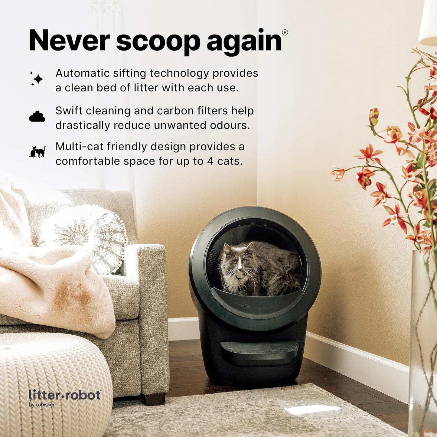 Litter-Robot 4 with Step & Fence (Black) - Automatic, Self-Cleaning Cat Litter Box, WiFi Enabled, Works with Any Clumping Litter, Complimentary 2-Year WhiskerCare Warranty